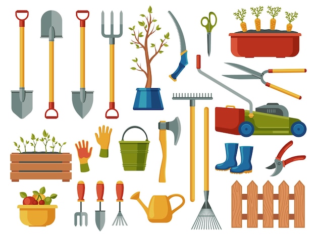 Gardening equipment Abstract cartoon garden tools with pitchfork spade watering can trowel gloves shovel rake agriculture farming symbols Vector set