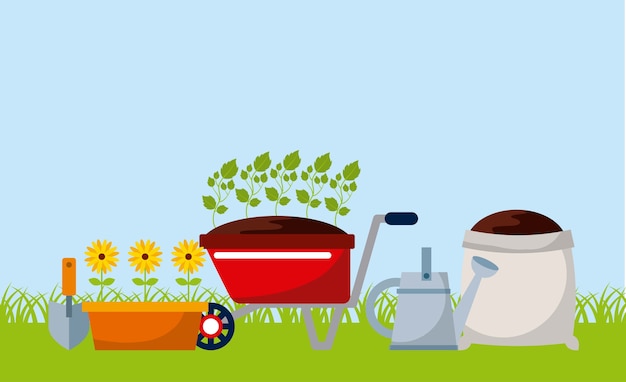 Vector gardening equipment with flowers and soil