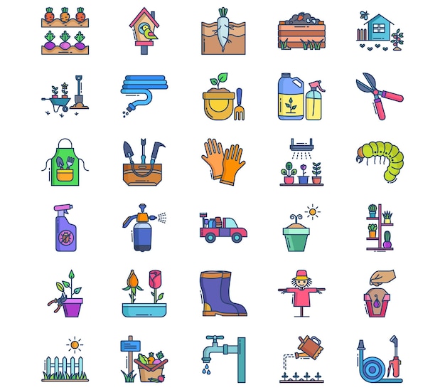 Gardening and farming, cultivation of plant icon set