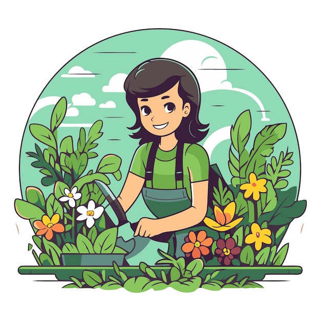 Vector gardening in flat cartoon style girl working in the garden