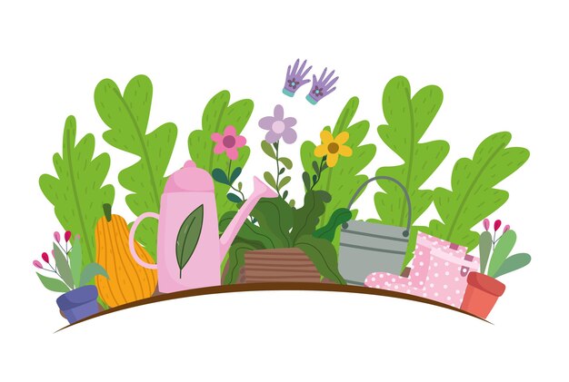 Gardening, flowers plants leaves pumpkin pots watering can and plastic boots  illustration