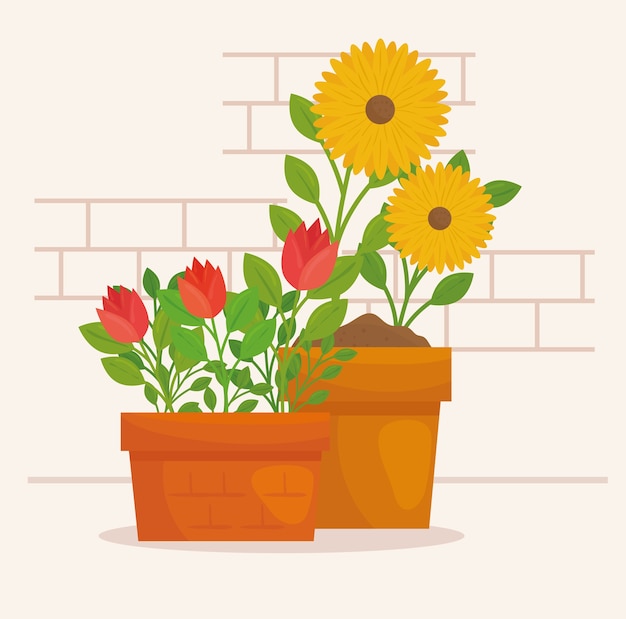 Vector gardening flowers with leaves in pots design, garden planting and nature