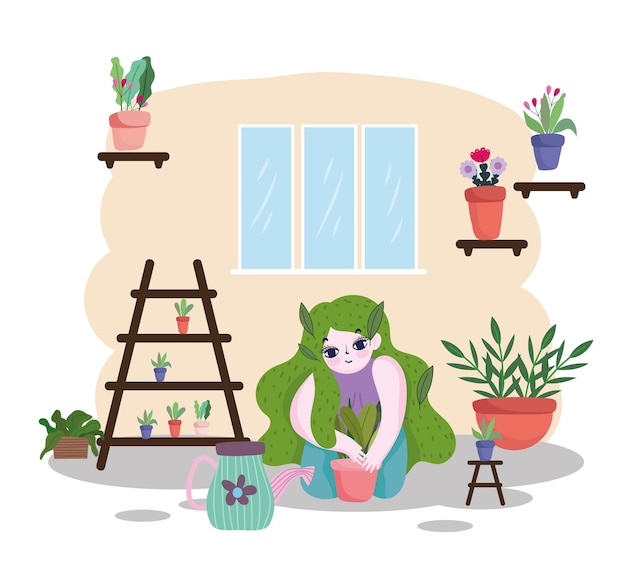 Vettore giardinaggio, ragazza con i capelli verdi che piantano nell'illustrazione del vaso