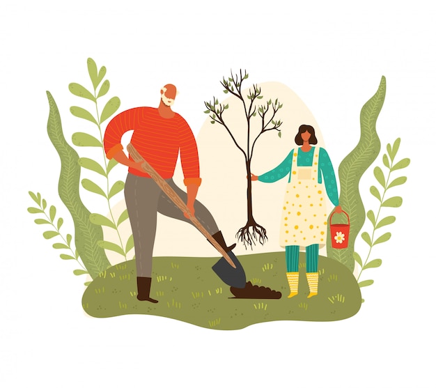 Gardening, grandfather and granddaughter girl planting tree, ecology, green planet, growing trees, harvesting cartoon  illustration. cute characters, creative people collection.
