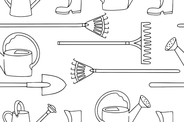 Gardening hand drawn seamless pattern doodle ornament of gardening tools icons vector illustration of shovel watering can Vector illustration