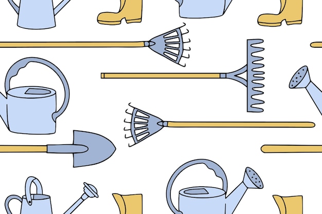 Gardening hand drawn seamless pattern doodle ornament of gardening tools icons vector illustration of shovel watering can Vector illustration