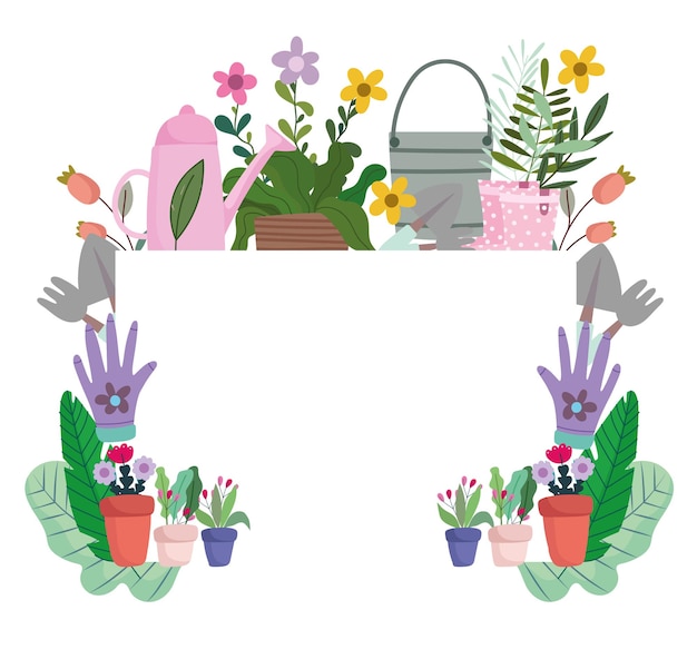 Hobby di giardinaggio e banner fai da te con strumenti, cassa di verdure e illustrazione di piante