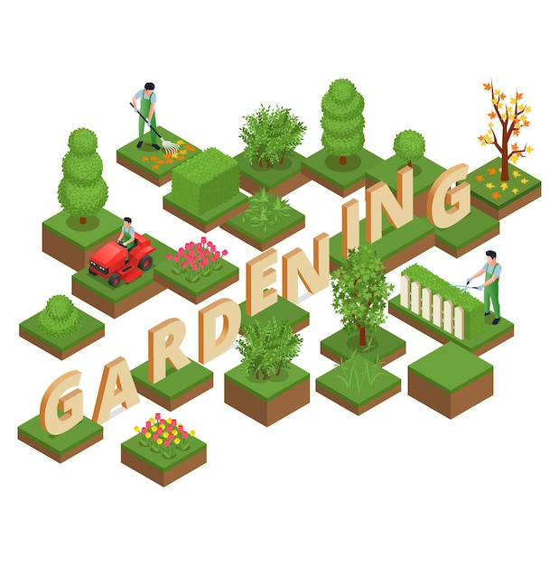 Vector gardening isometric design concept set of natural landscapes with decorative trees shrubs and green lawns vector illustration