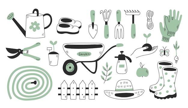 Vector gardening items doodle set