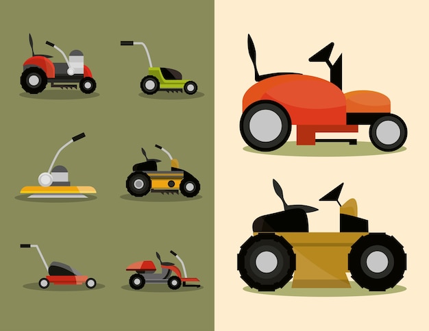 Gardening lawn mower machinery icons set illustration