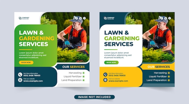 ガーデニングと芝刈りサービスの割引ソーシャルメディア投稿ベクトル青と緑の色の農業農業ビジネス広告バナーテンプレート収穫と造園サービスのチラシベクトル
