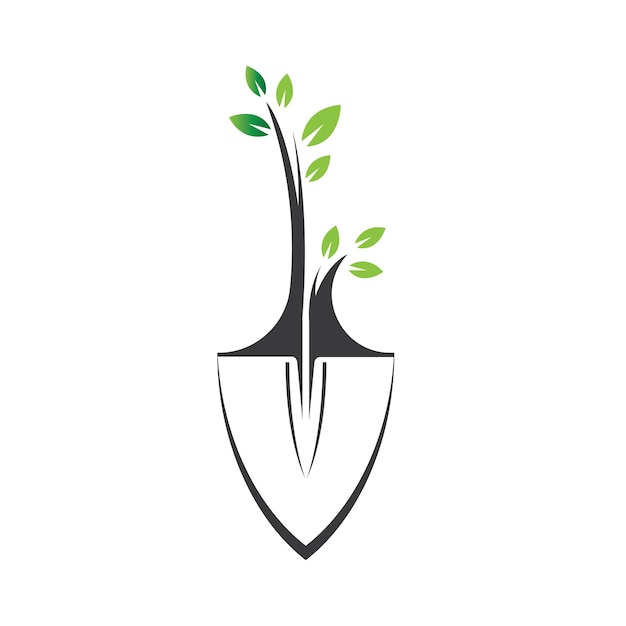 シャベルのアイコンと緑の葉のロゴのテンプレートが付いている木のガーデニングのロゴ