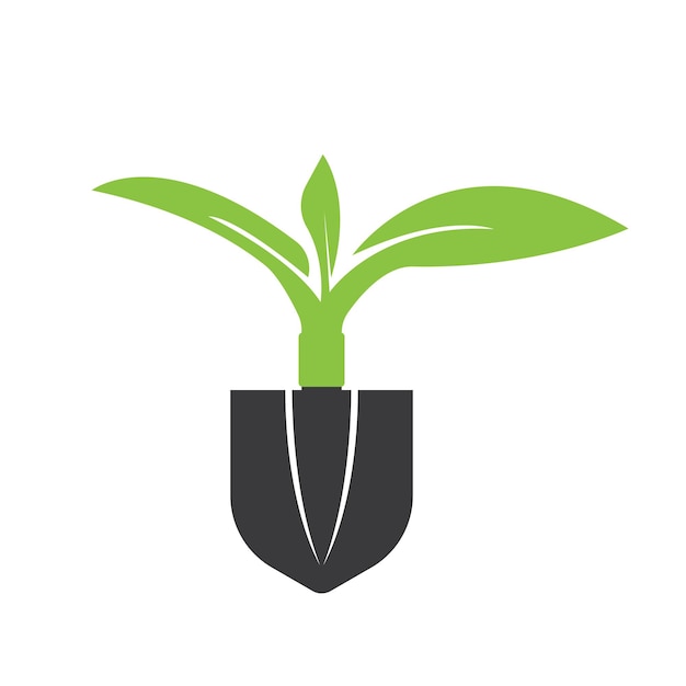 Gardening logo with shovel icon and tree with green leaves logo template