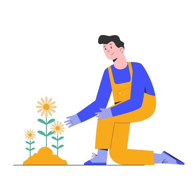 Gardening man plant flowers with happy