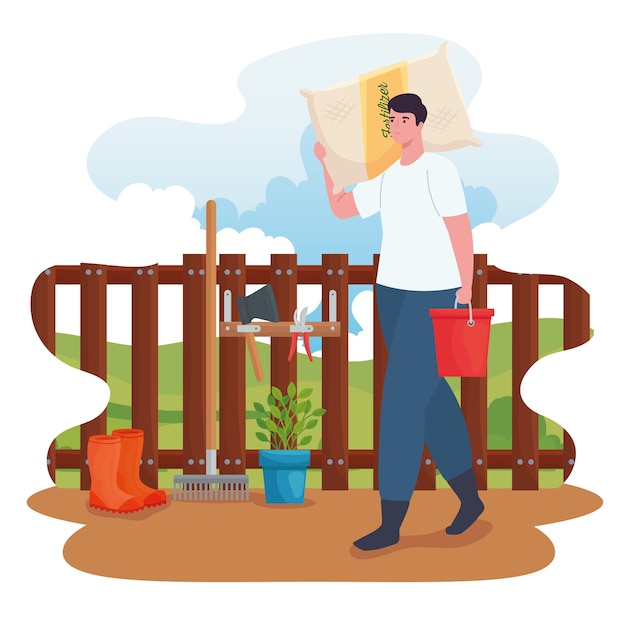 Uomo di giardinaggio con design del sacchetto del fertilizzante, piantagione di giardini e natura
