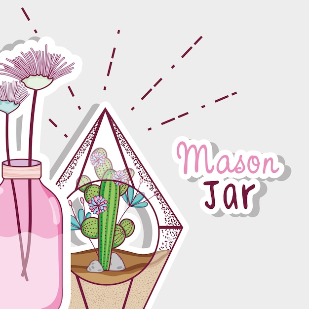 Vettore fumetto di concetto di giardinaggio mason jars