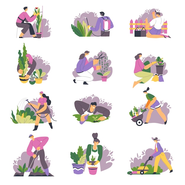 Vector gardening people planting flowers botany in pots
