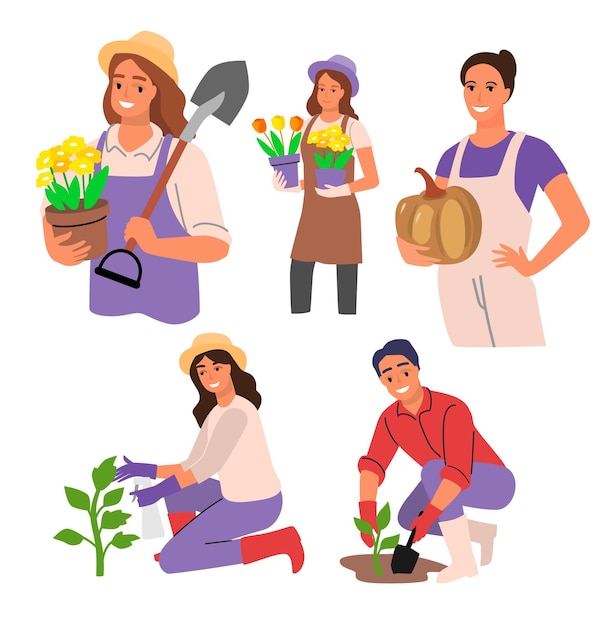 Vector gardening people set vector man and woman planting vegetable and flower in garden