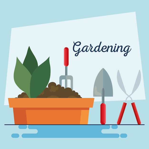 ポットレーキシャベルとペンチのデザイン、庭の植栽と自然のテーマ内の園芸植物