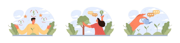 Vector gardening and planting set character taking care of plants flowers