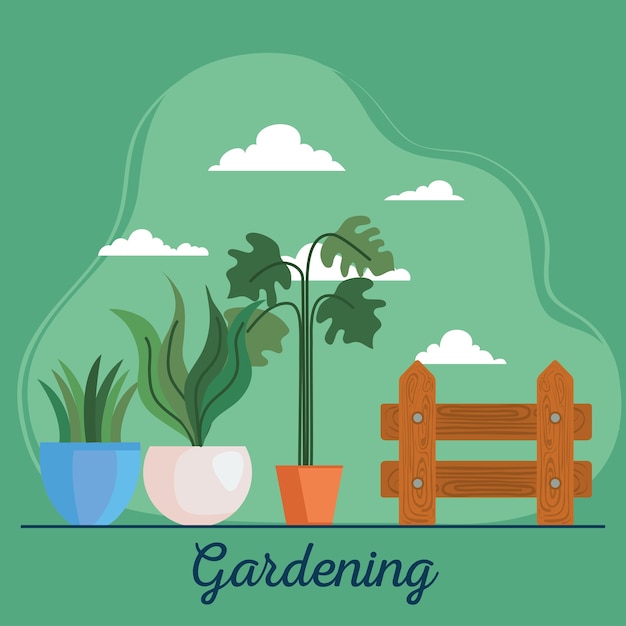 Piante da giardinaggio all'interno di vasi e design di recinzioni, piantagione di giardini e tema della natura