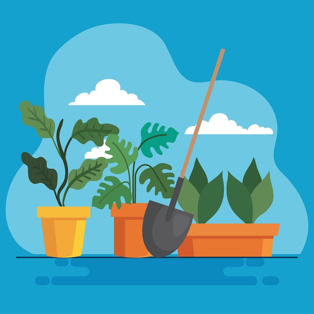 Vector gardening plants insde pots and shovel design, garden planting and nature theme