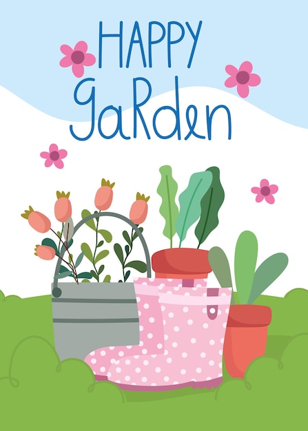 Gardening, potted plants flowers in bucket and boots over grass  illustration