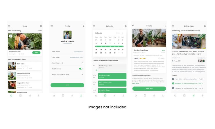 Vector gardening school and garden classes app ui kit template