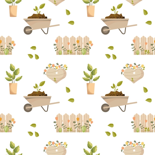 Gardening seamless pattern wooden fence heart sign plant pot garden cart on white background