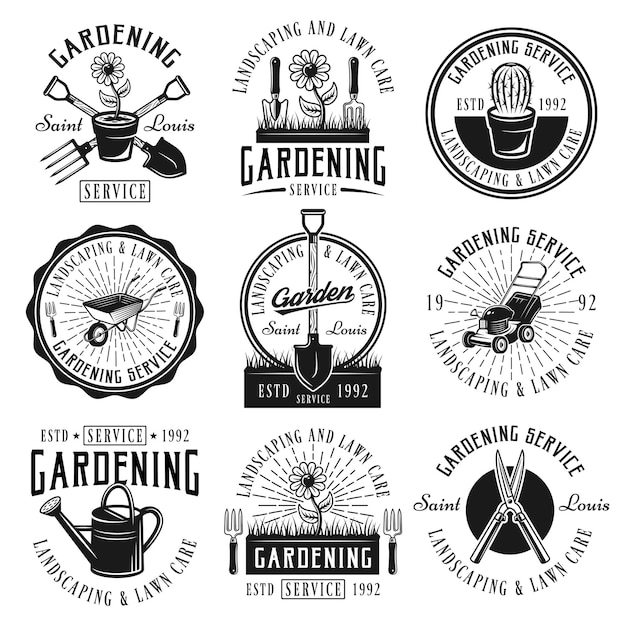 Услуги по уходу за садом, ландшафтный дизайн и уход за газоном с черными винтажными логотипами