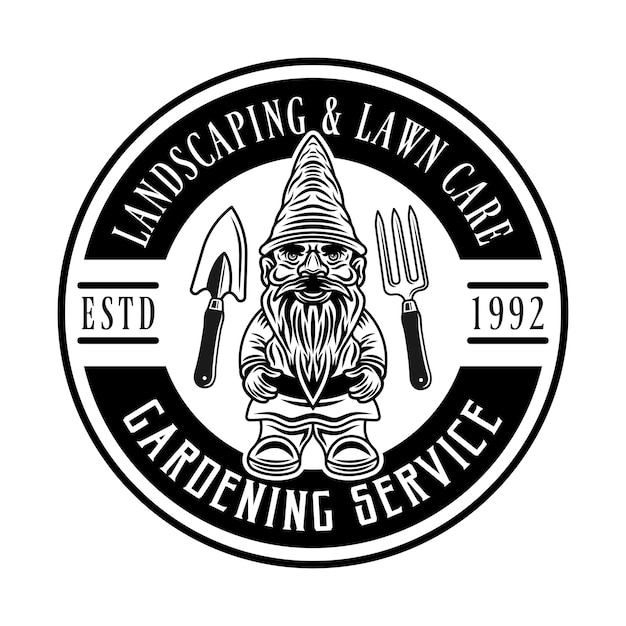 Gardening service landscaping and lawn care vector vintage round emblem badge label or logo with gnome statuette in monochrome style isolated on white background