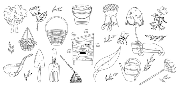 Set da giardinaggio stile doodle disegnato a mano illustrazione vettoriale isolata su bianco pagina da colorare