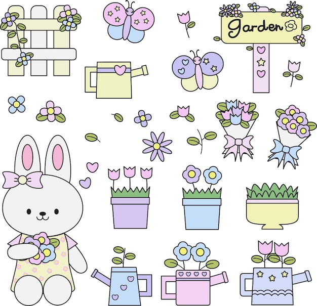 Gardening set with bunny tools plants butterflies flowers watering can and fence