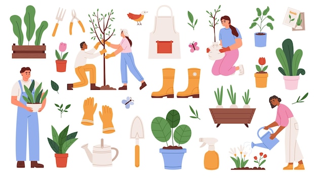 Gardening set with people tools and plants