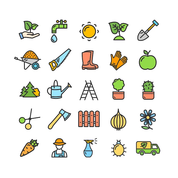 Gardening Signs Color Thin Line Icon Set Vector