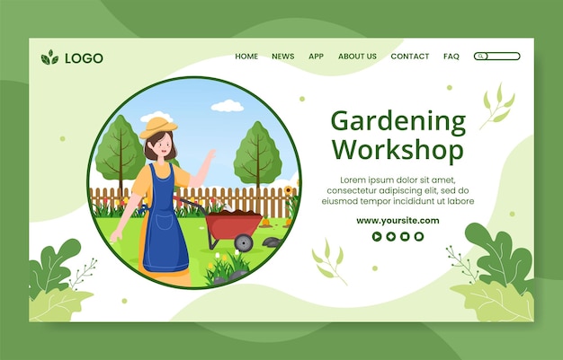 Gardening social media landing page template flat cartoon background vector illustration