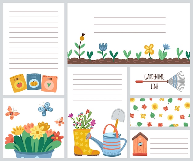 Gardening time planting tools garden flowers and leaves watering can birdhouse and seed packs cute blank notes pages vector template