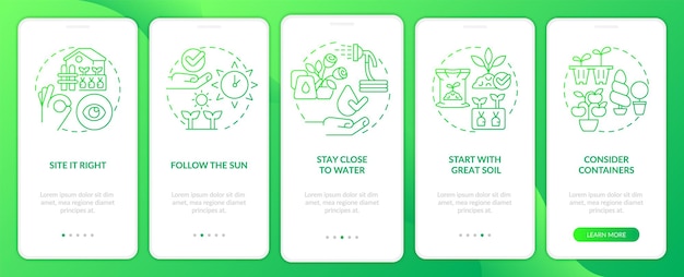 Suggerimenti per il giardinaggio schermo dell'app mobile onboarding gradiente verde