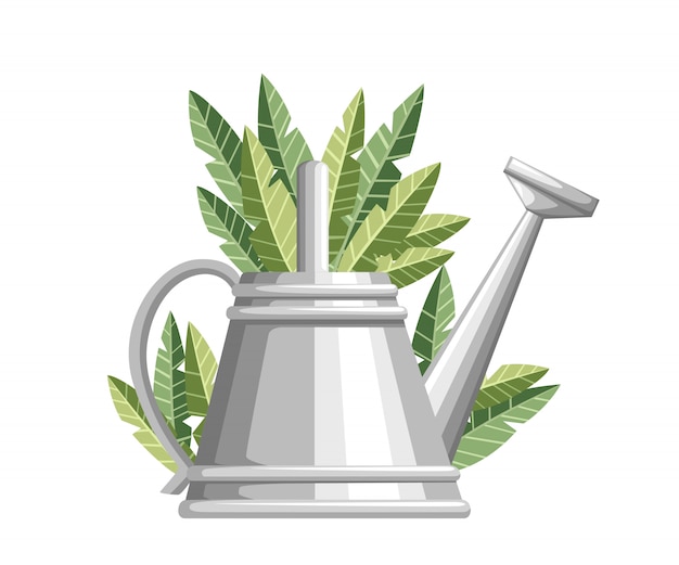 Vector gardening tool watering can. metal flower can with green leaves. farming equipment  style.  illustration  on white background