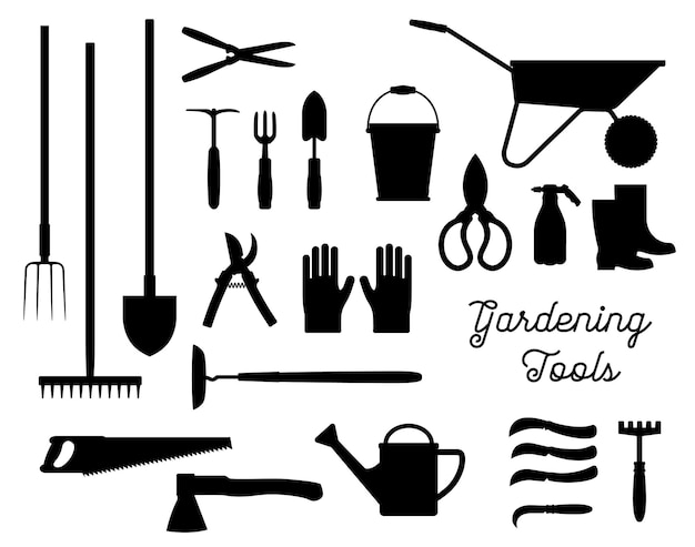 Vector gardening tools black silhouettes vector set