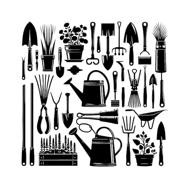 Vector gardening tools collection vector silhouette