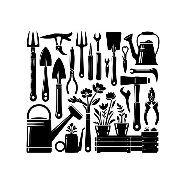 Gardening tools collection vector silhouette