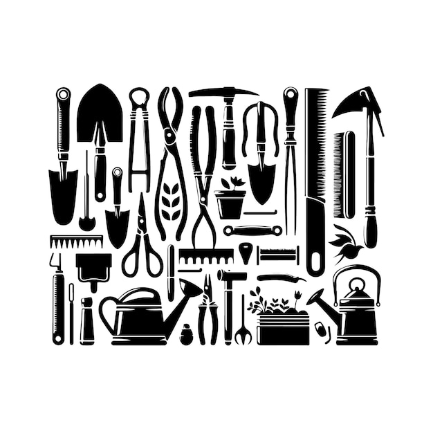 Gardening tools collection vector silhouette