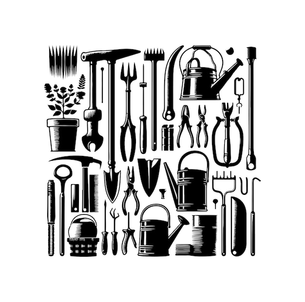 Vector gardening tools collection vector silhouette