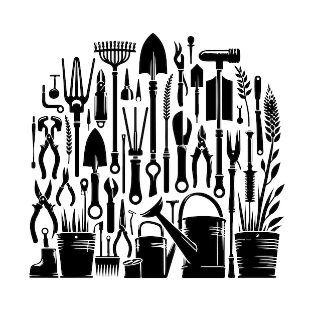 Gardening tools collection vector silhouette