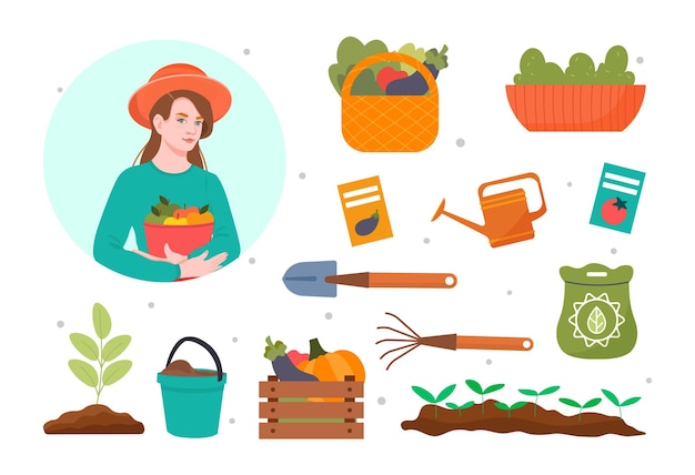 Gardening tools concept stickers with devices for plant care icons with shovel rake watering can