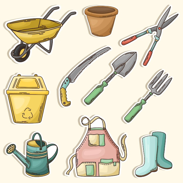 Vettore strumenti di giardinaggio cute sticker set illustrazione
