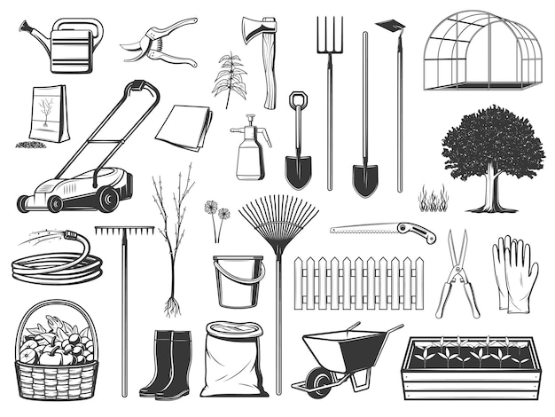 Vector gardening tools , farming equipment isolated icons