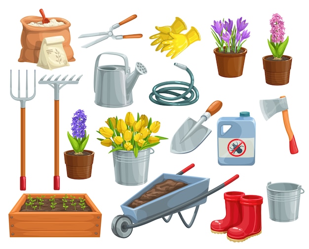 gardening tools and flowers icons. Rubber boots, seedling, tulips, gardening can and cutter.