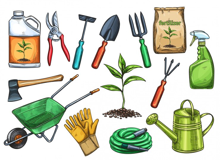Vector gardening tools  illustration in sketch style. axe, seedling, gardening can and cutter. fertilizer, glove, insecticide, pitchfork, wheelbarrow and watering hose.